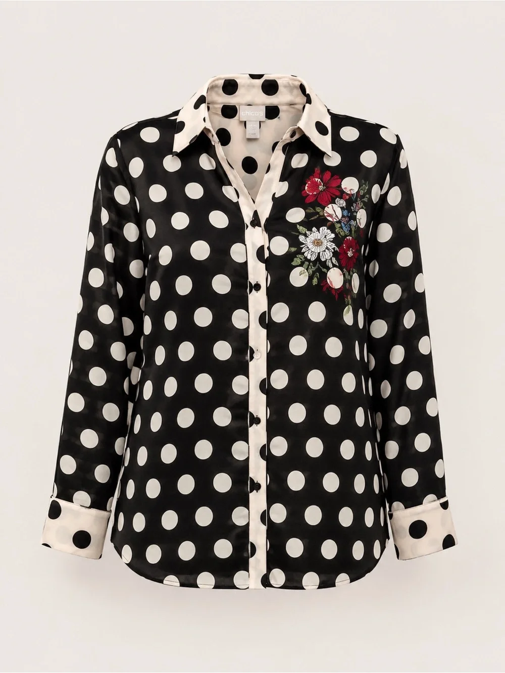 Chico’s Size 1 Black Polka Dot Embroidered Button-Up Blouse Medium